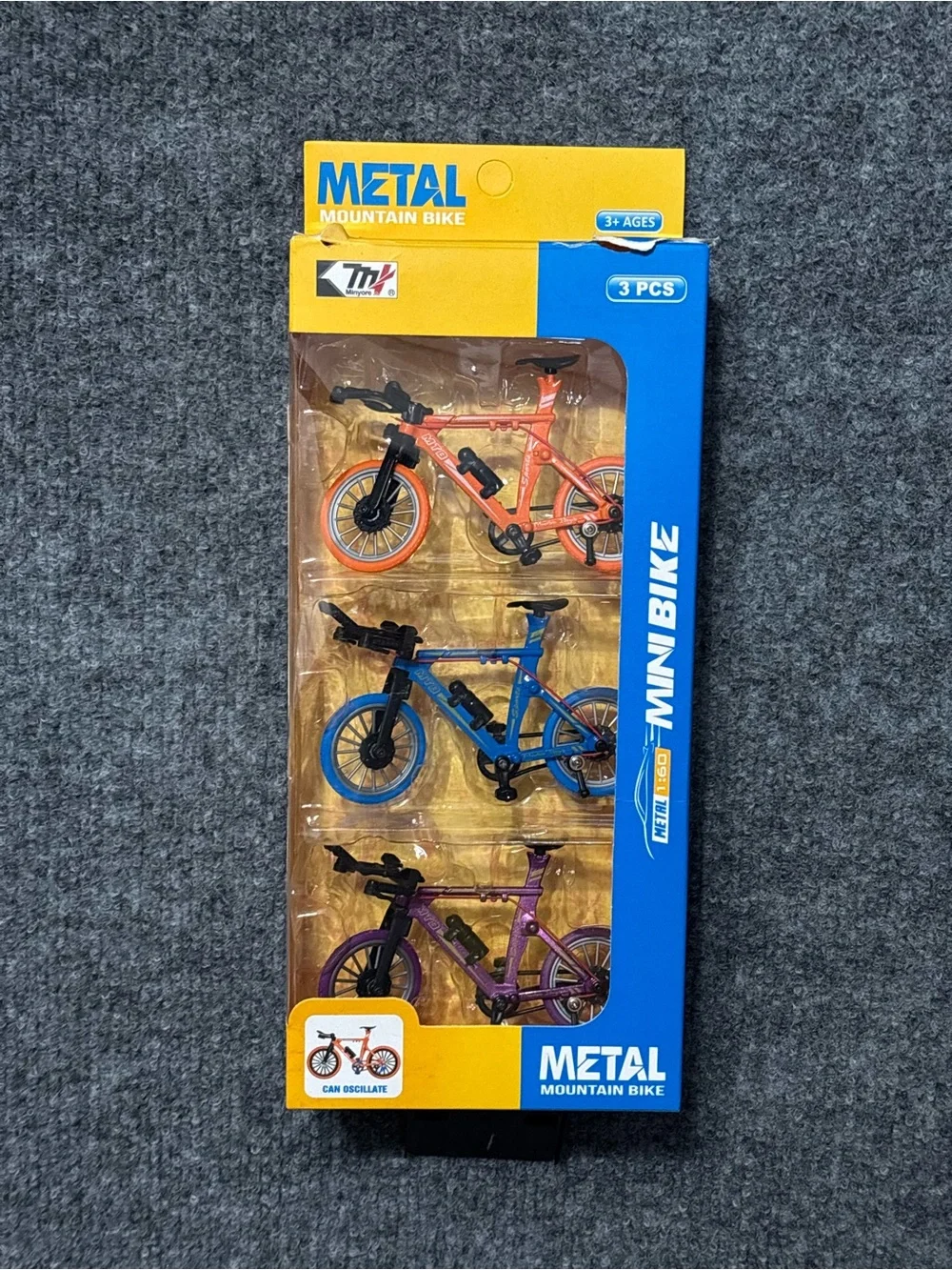 Diecast 1:60 Metal Mini Mountain Bike Toy Set 3 Pcs Orange Blue Purple Bicycle